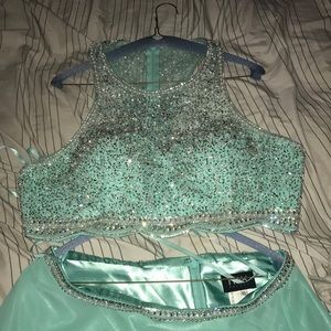 Mint green long prom dress with silver diamonds